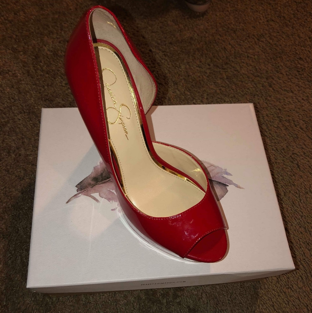 Jessica Simpson red patent letter heels